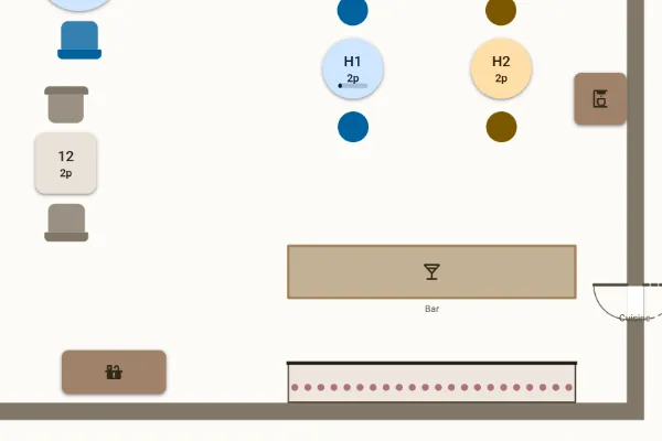 Détail du plan en service : le comptoir du bar, les tables hautes avec leurs tabourets et la porte de la cuisine