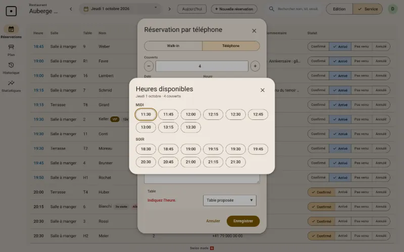 Une réservation par téléphone : Resto One affiche les heures encore libres pour quatre personnes, midi et soir