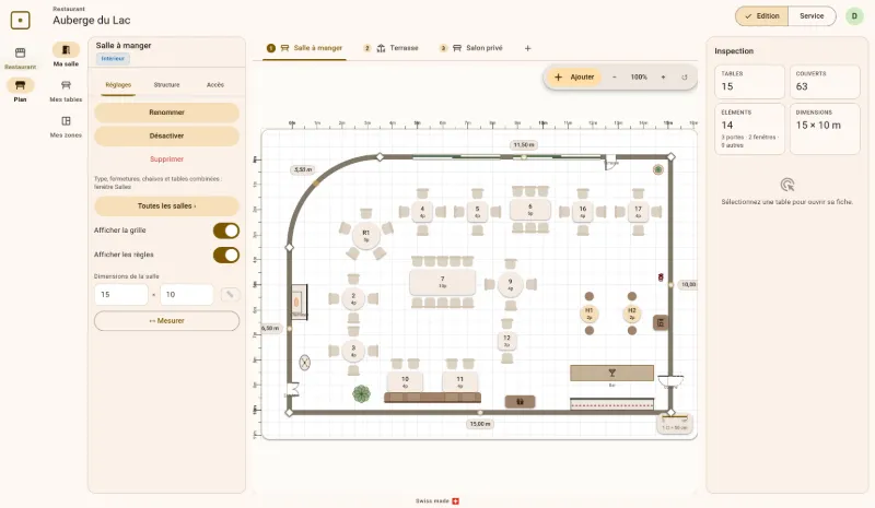 L'éditeur du plan de salle : la salle à manger de l'Auberge du Lac avec son angle arrondi, sa cheminée, son bar, ses tables rondes, carrées et rectangulaires, ses banquettes, ses tables hautes et ses portes