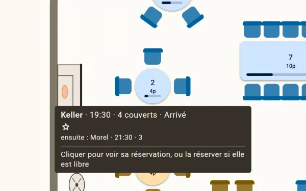 Le résumé d'une table au survol : le client à table, l'heure, les couverts, puis la réservation suivante
