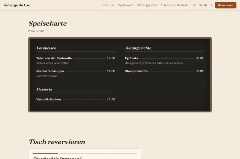 Die Website der Auberge du Lac auf resto-one.com: Vorstellung und Karte mit Preisen