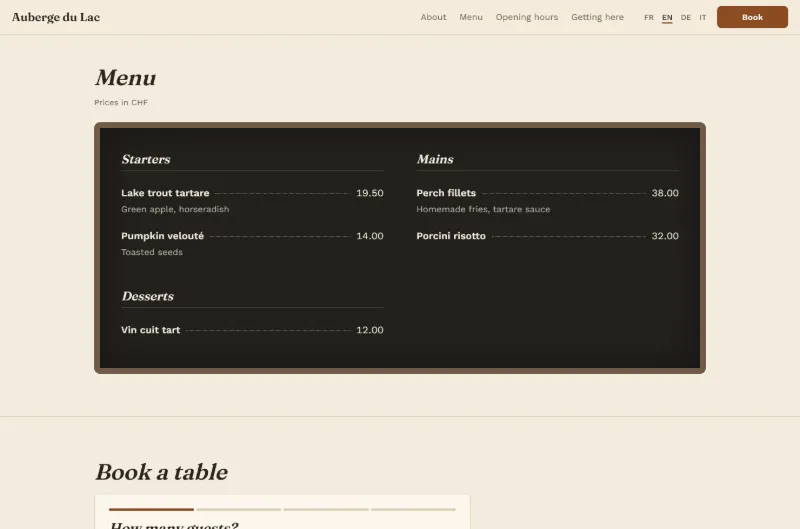 The Auberge du Lac's website on resto-one.com: introduction and menu with prices